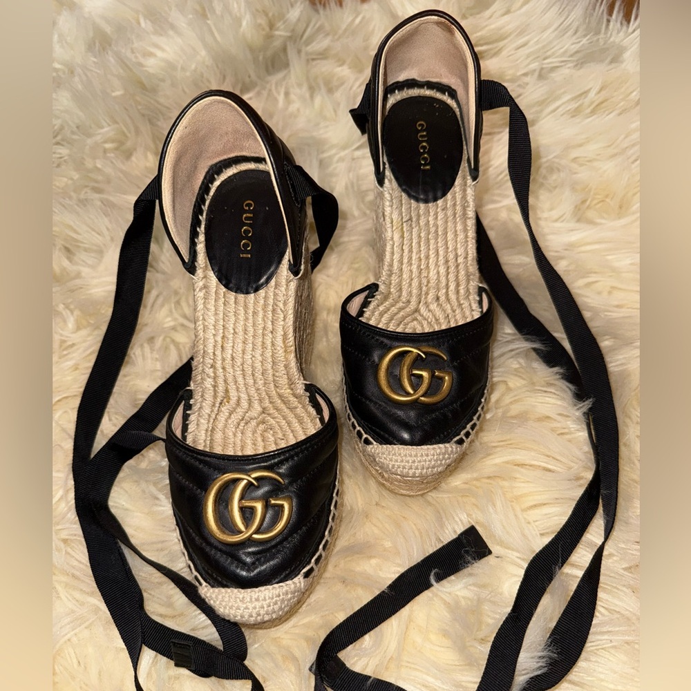 Gucci Black and Gold Espadrilles with GG Logo